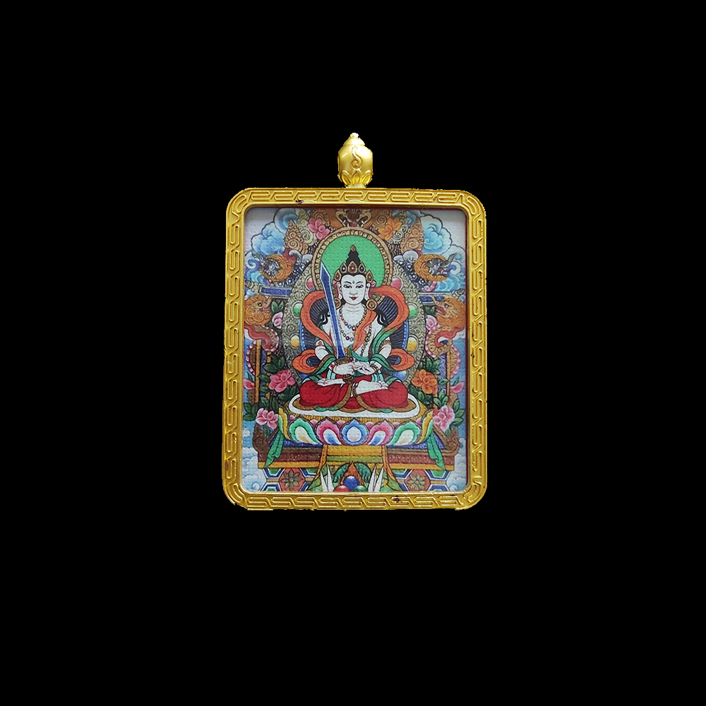 Front-facing spiritual amulet of Akasagarbha Buddha, featuring high-quality Buddhist art of the protector for Ox and Tiger signs in a durable golden case.