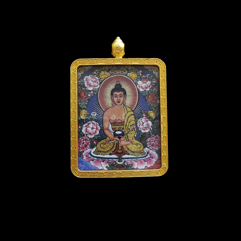 Front view of Amitabha Buddha protective pendant in a gold-tone metal frame, featuring the Buddha of Infinite Light as the zodiac guardian for Dog and Pig.