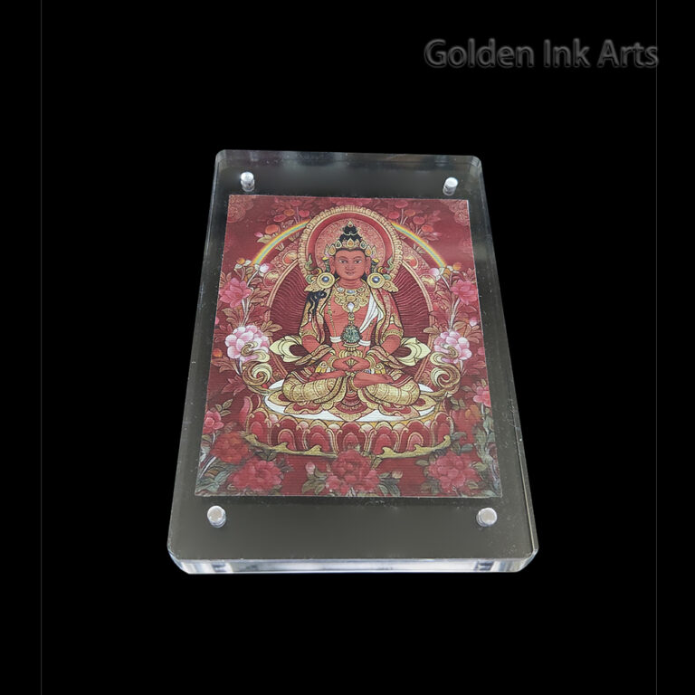 Frontal view of Amitayus (Buddha of Infinite Life) art on natural cotton canvas in an acrylic frame, featuring the vibrant "Fire Element" red palette.