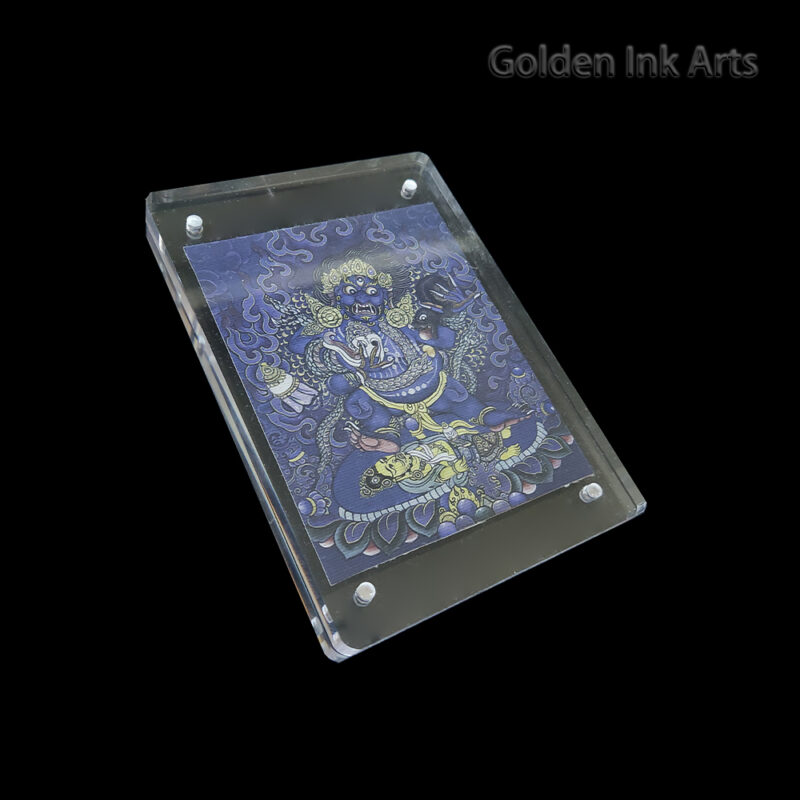 Side view of the Black Dzambhala acrylic frame, showcasing the rich texture of the creamy cotton canvas and the high-end transparent casing.