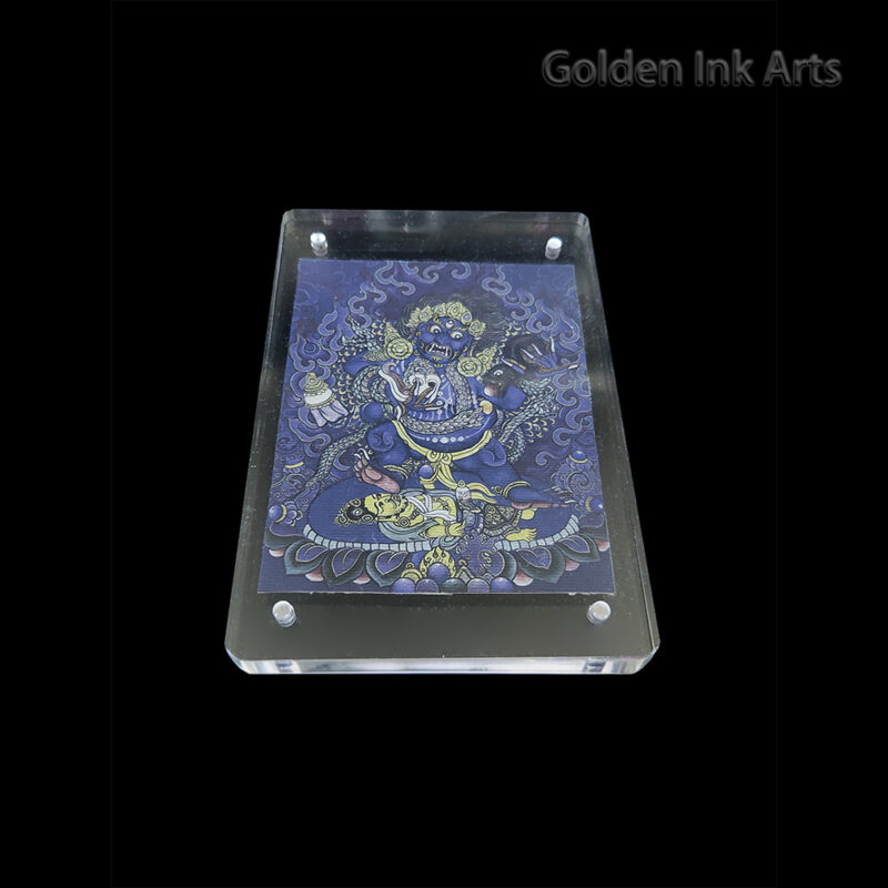 Frontal view of Black Dzambhala (Black Kubera) on natural cotton canvas in a minimalist acrylic frame, the powerful deity for overcoming financial obstacles.