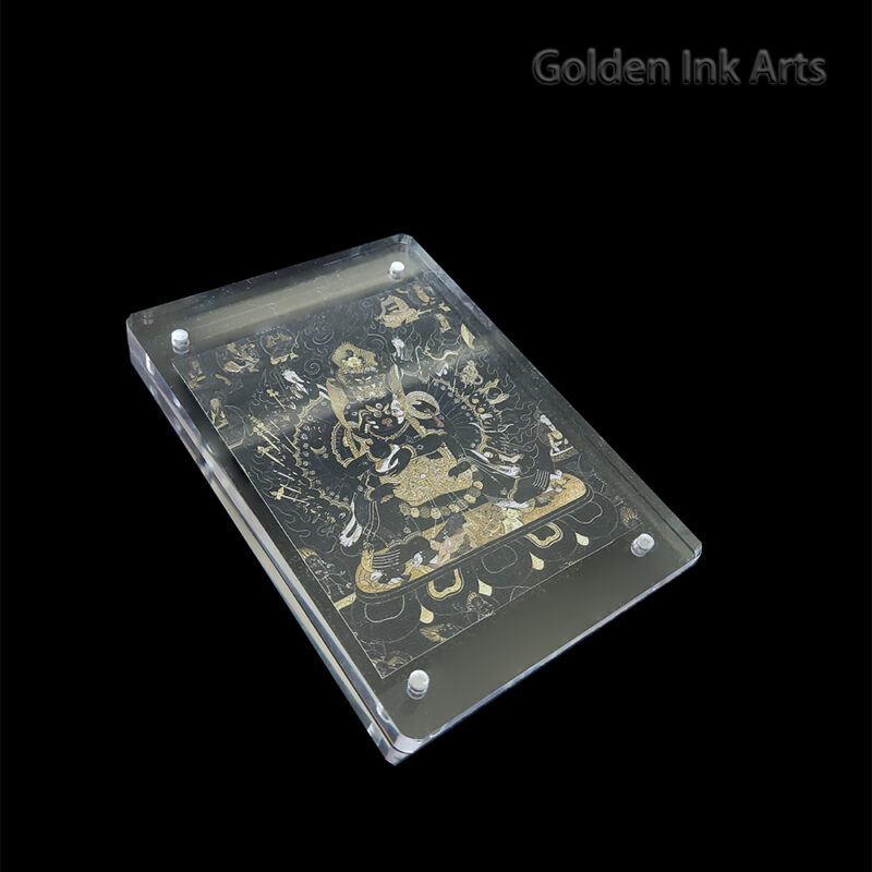 Side angled shot of the black Yamantaka acrylic frame, showing the contrast between the dark pigments and the natural, unbleached cotton canvas texture.