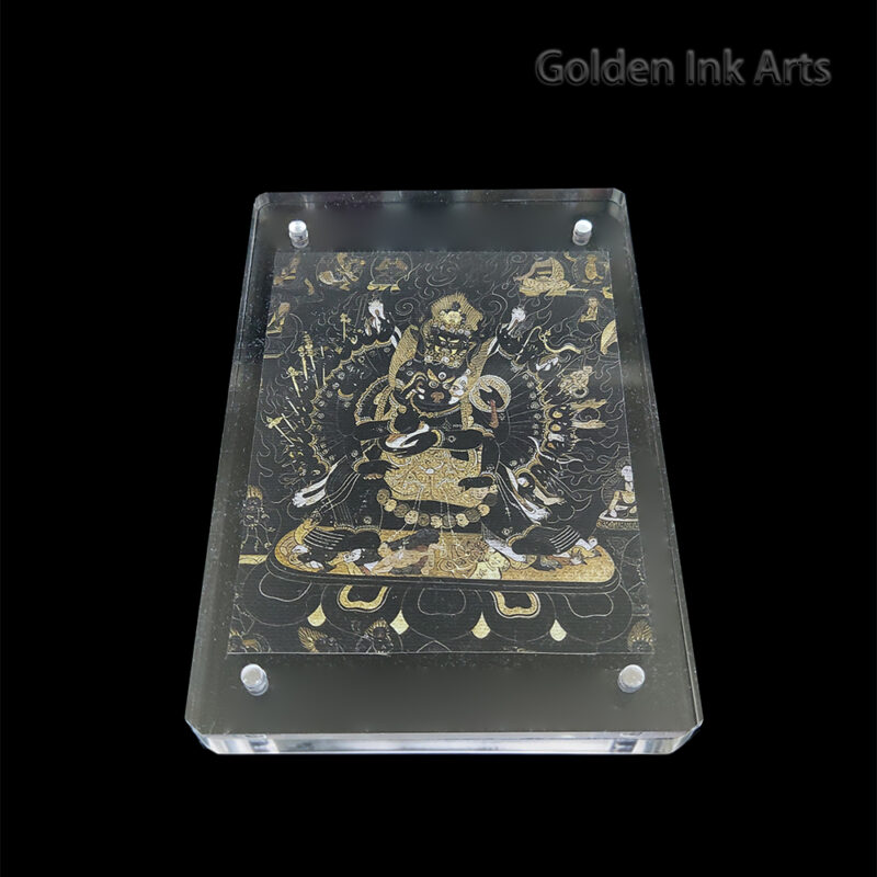 Frontal view of Yamantaka (The Conqueror of Death) printed on natural cotton canvas in an acrylic frame, featuring the deep "Water Element" black color palette.