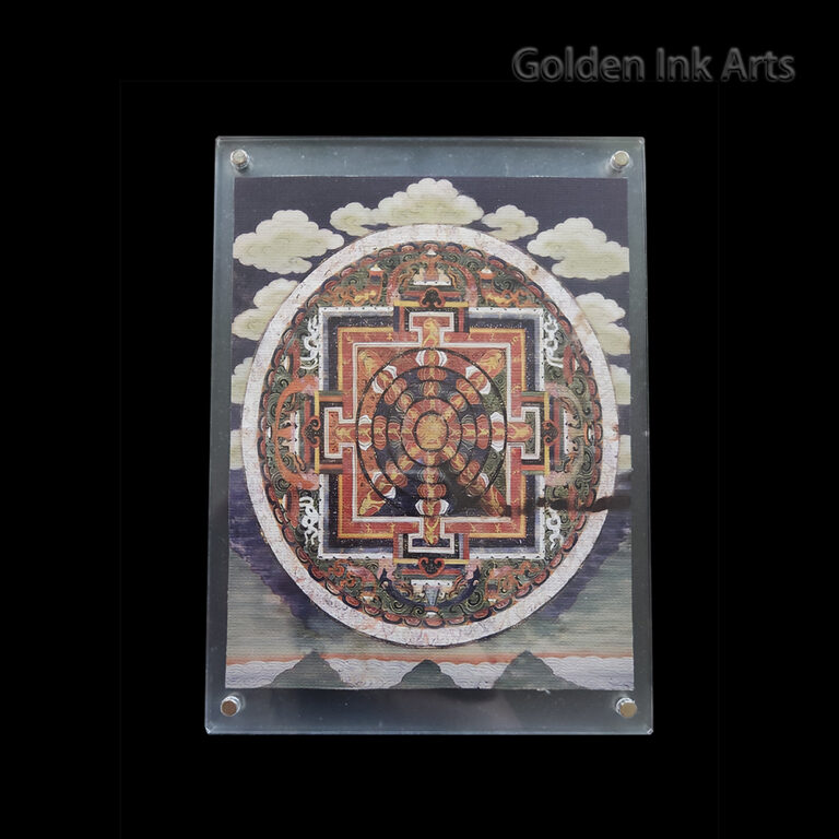 Frontal view of Cakrasamvara Mandala (Wheel of Perfect Bliss) printed on large natural cotton canvas in a premium acrylic frame, featuring a vibrant, multi-color sacred geometry.