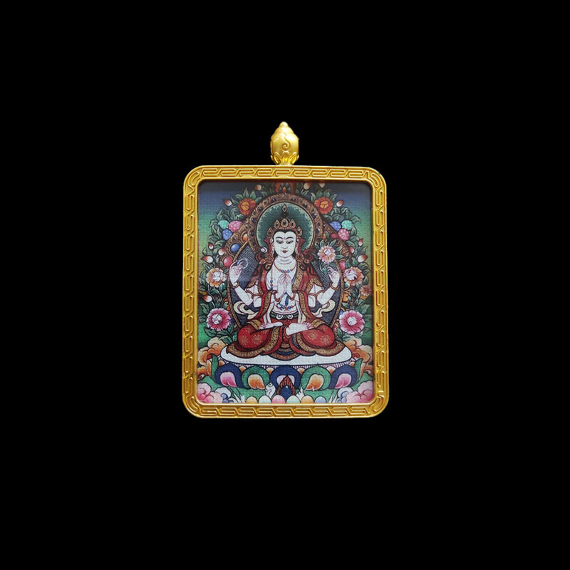 Front-facing spiritual amulet of Shadakshari Lokeshvara (Four-Armed Guanyin), featuring vibrant micro-spray Buddhist art within a protective golden metal case.