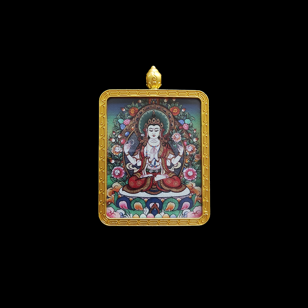 Front-facing spiritual amulet of Shadakshari Lokeshvara (Four-Armed Guanyin), featuring vibrant micro-spray Buddhist art within a protective golden metal case.