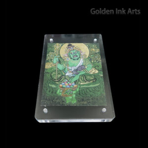 Frontal view of Green Dzambhala (Green Kubera) printed on natural cotton canvas in an acrylic frame, representing the Wood element and successful career growth.