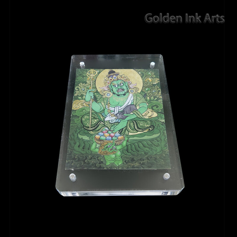 Frontal view of Green Dzambhala (Green Kubera) printed on natural cotton canvas in an acrylic frame, representing the Wood element and successful career growth.