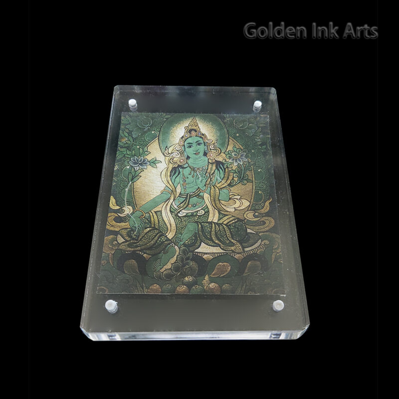 Frontal view of Green Tara (Syamatara) printed on natural cotton canvas in an acrylic frame, featuring the vibrant Wood element green palette.