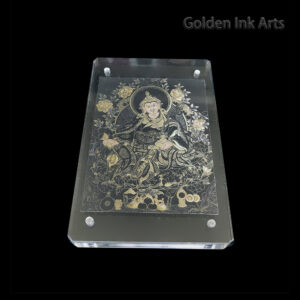 Frontal view of Guru Rinpoche (Padmasambhava) printed on natural cotton canvas in an acrylic frame, featuring the deep "Water Element" black and blue palette for protection.