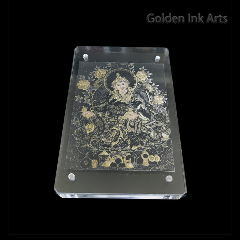 Frontal view of Guru Rinpoche (Padmasambhava) printed on natural cotton canvas in an acrylic frame, featuring the deep "Water Element" black and blue palette for protection.