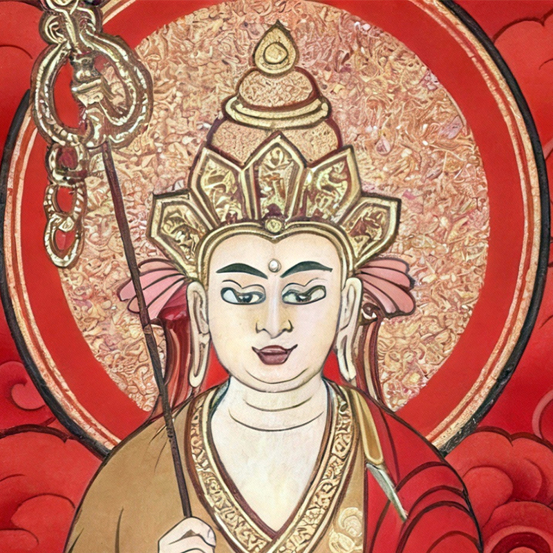 Ksitigarbha Bodhisattva Thangka, the Earth Store protector with staff and wishing jewel.