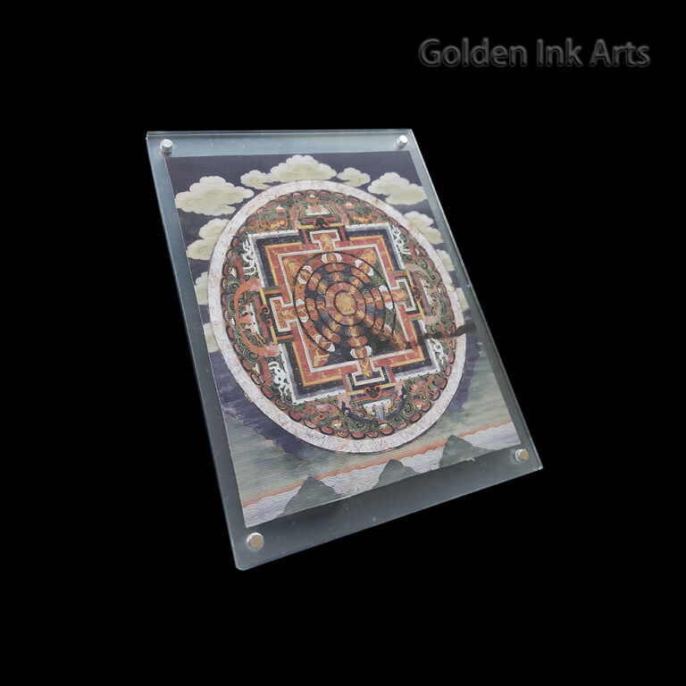 Side view of the large Cakrasamvara Mandala acrylic frame, highlighting the rich, layered micro-spray pigments on textured natural cotton canvas.