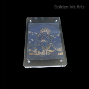 Frontal view of Mahakala (The Great Black One) Buddhist protector art on natural cotton canvas in an acrylic frame, featuring a deep indigo color palette.