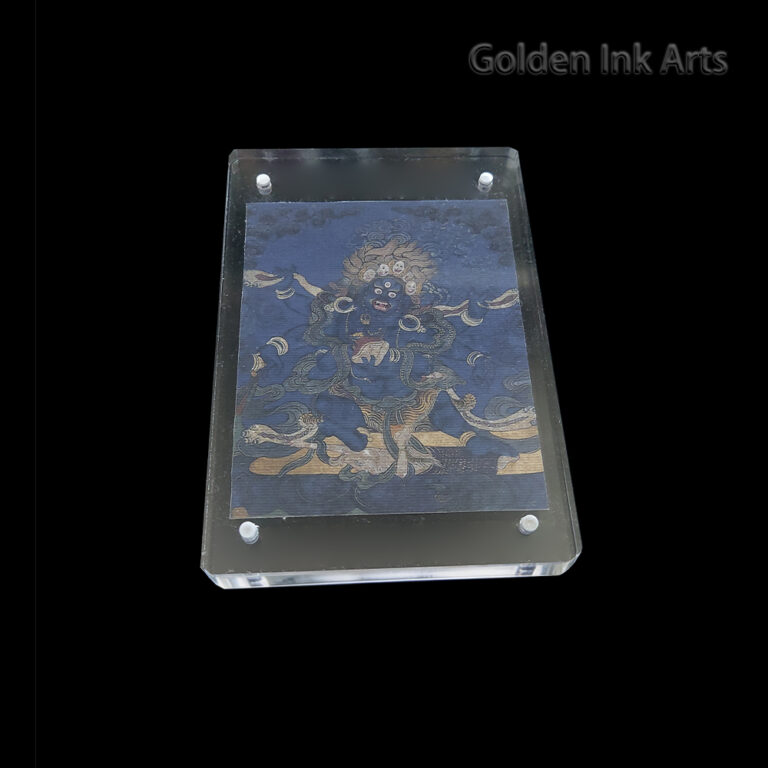 Frontal view of Mahakala (The Great Black One) Buddhist protector art on natural cotton canvas in an acrylic frame, featuring a deep indigo color palette.