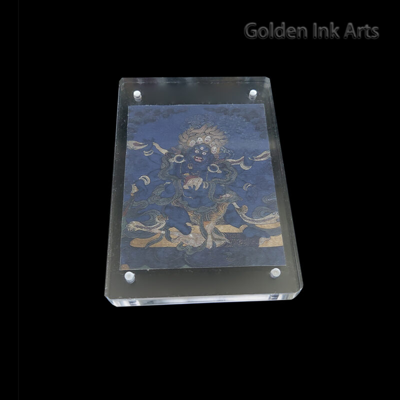 Frontal view of Mahakala (The Great Black One) Buddhist protector art on natural cotton canvas in an acrylic frame, featuring a deep indigo color palette.