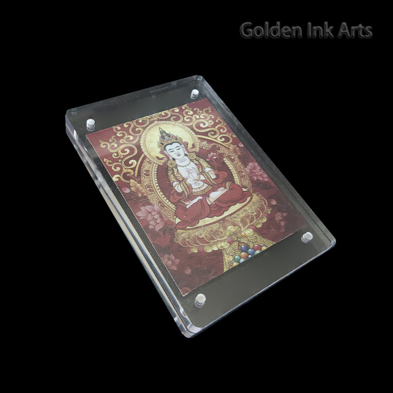 Side angled shot of the red Mahasthamaprapta acrylic frame, showing the organic texture of the natural cotton canvas and the sleek modern casing.