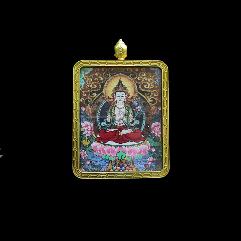 Front-facing Mahasthamaprapta Bodhisattva spiritual pendant, showcasing the Buddha's compassionate features and symbolic wisdom bottle in a golden case