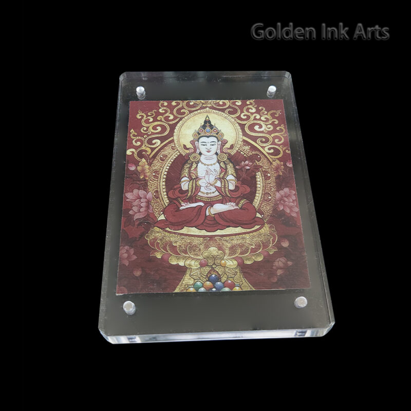 Frontal view of Mahasthamaprapta Bodhisattva (Great Strength) printed on natural cotton canvas in an acrylic frame, featuring the vibrant Fire element red palette.