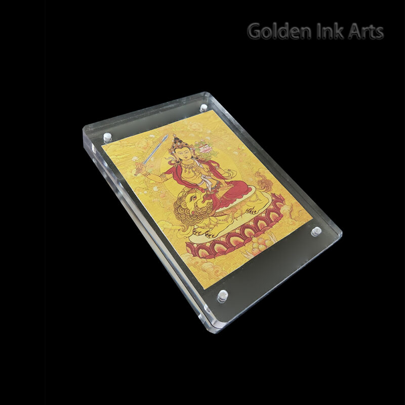 Side angled view of the Manjushri acrylic frame, showing the organic grain of the natural cotton canvas and the sleek modern protective case.