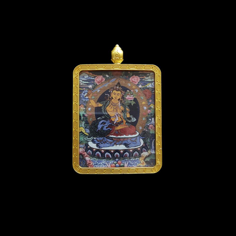 Front-facing spiritual amulet of Manjushri Buddha, showcasing detailed Buddhist art of the protector of Rabbit signs, encased in a durable golden metal frame.