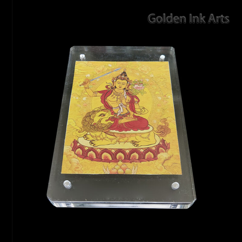 Frontal view of Manjushri (Bodhisattva of Wisdom) printed on natural cotton canvas in an acrylic frame, featuring a bright yellow and gold color palette.