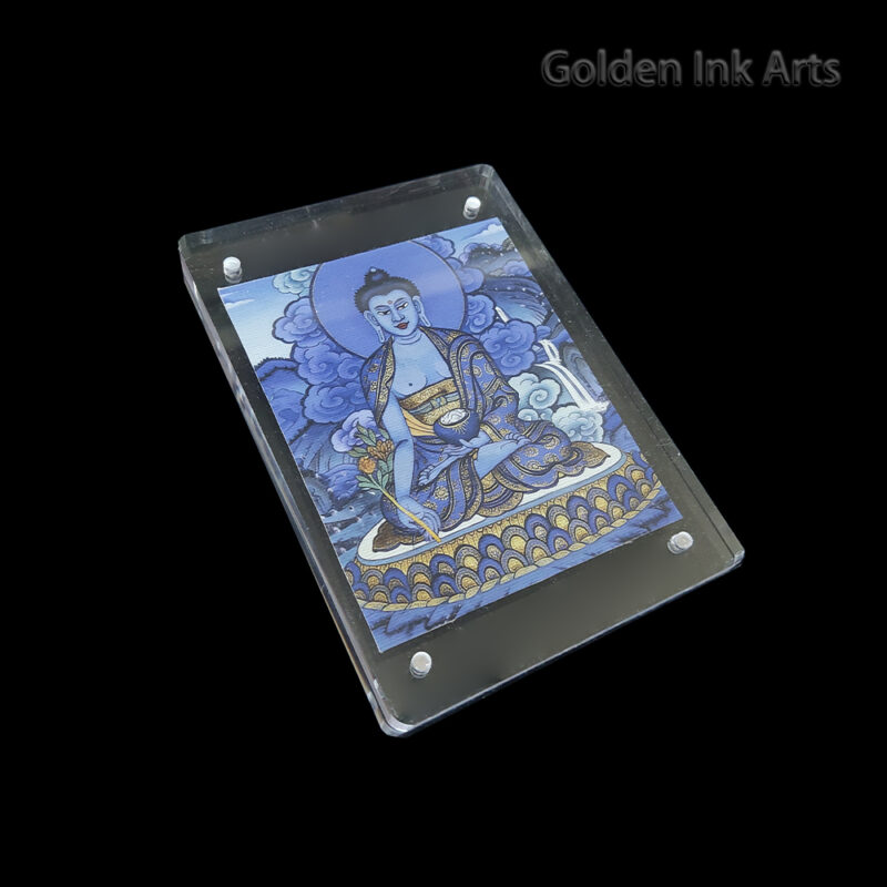 Side angled shot of the Medicine Buddha acrylic frame, showing the organic grain of the cotton canvas and the high-quality transparent protective case.