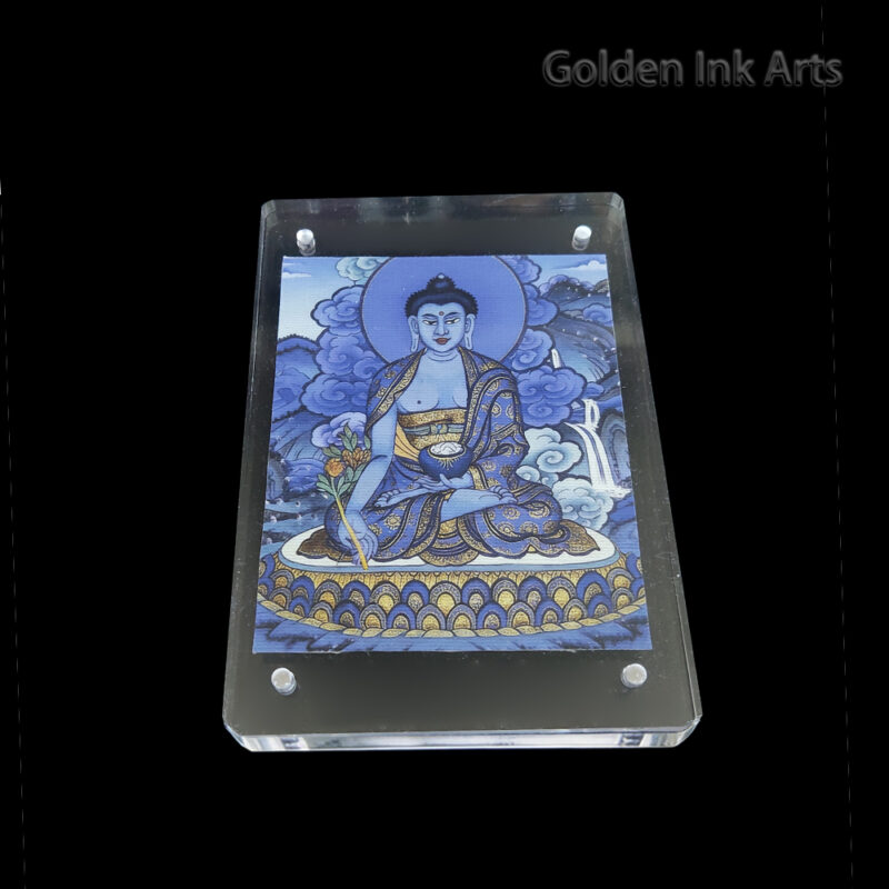 Frontal view of Medicine Buddha (Bhaisajyaguru) printed on natural cotton canvas in an acrylic frame, featuring the signature lapis lazuli blue healing palette.