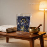 Black Dzambhala meditation art in a serene spiritual space, used for focusing on the Third Eye Chakra and clearing subconscious fears.