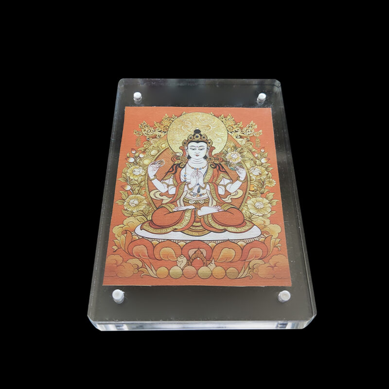 Frontal view of a Four-Armed Guanyin (Chenrezig) printed on natural cotton canvas in an acrylic frame, featuring a warm orange color palette for meditation.