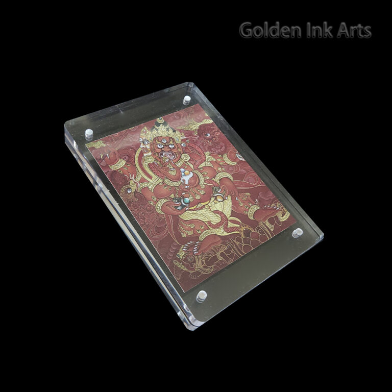 Side angled shot of the Red Dzambhala acrylic frame, showcasing the warm grain of the unbleached cotton canvas and the clear, sleek protective casing