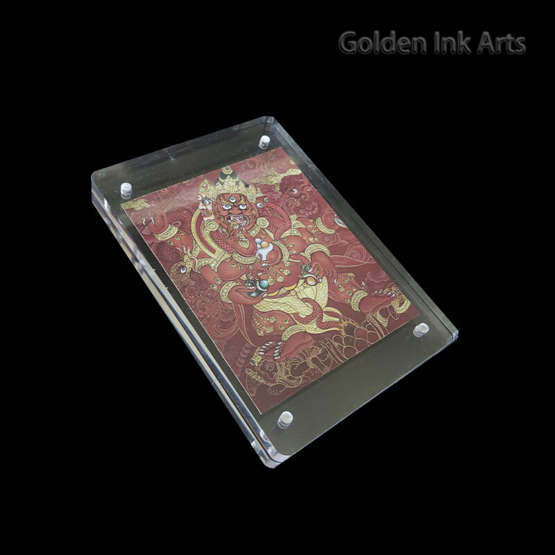 Side angled shot of the Red Dzambhala acrylic frame, showcasing the warm grain of the unbleached cotton canvas and the clear, sleek protective casing