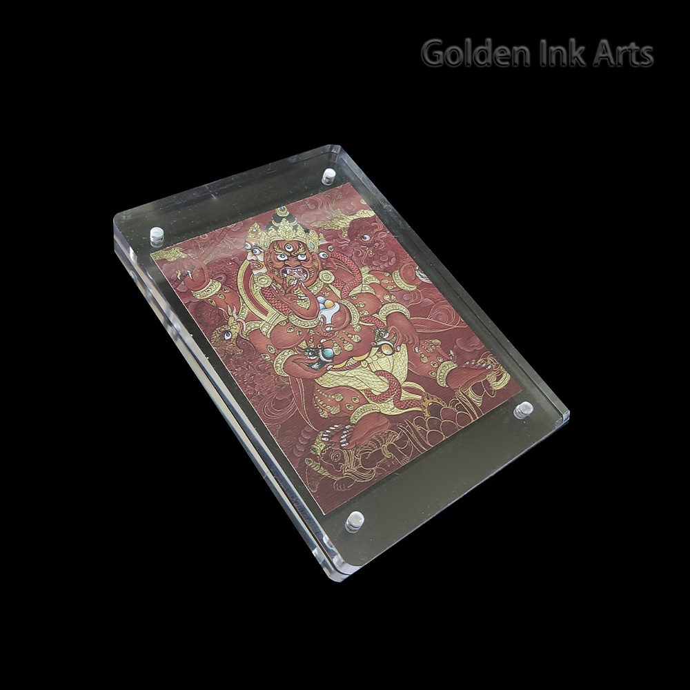 Side angled shot of the Red Dzambhala acrylic frame, showcasing the warm grain of the unbleached cotton canvas and the clear, sleek protective casing