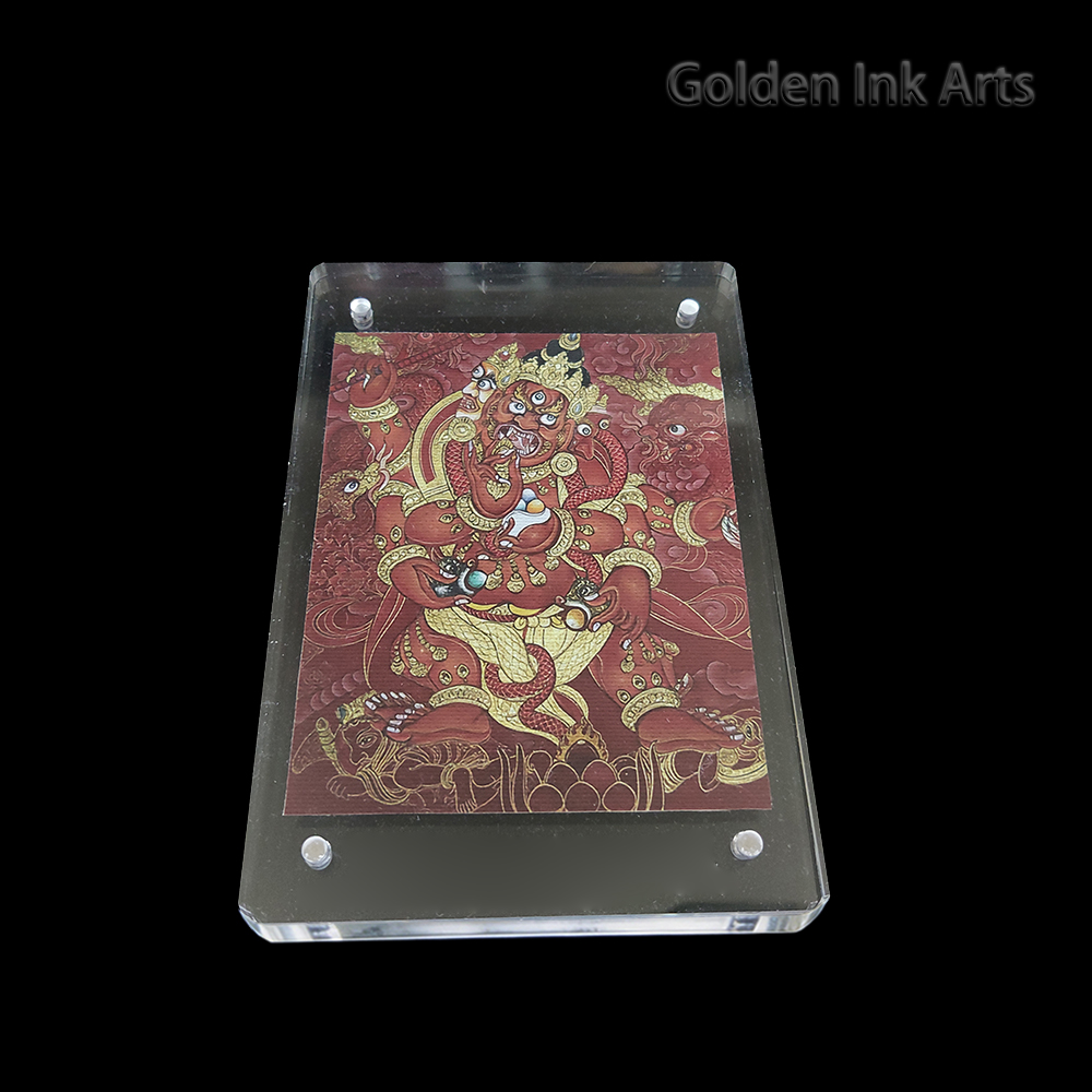 Frontal view of Red Dzambhala (Ganesha-style wealth deity) printed on natural cotton canvas in an acrylic frame, featuring a vibrant red fire-element palette.