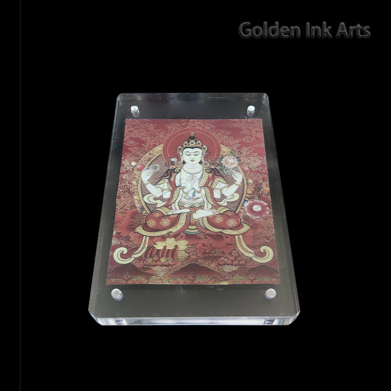 Frontal view of Red Four-Armed Guanyin (Jinasagara Chenrezig) printed on natural cotton canvas in an acrylic frame, representing the Fire element and active compassion.