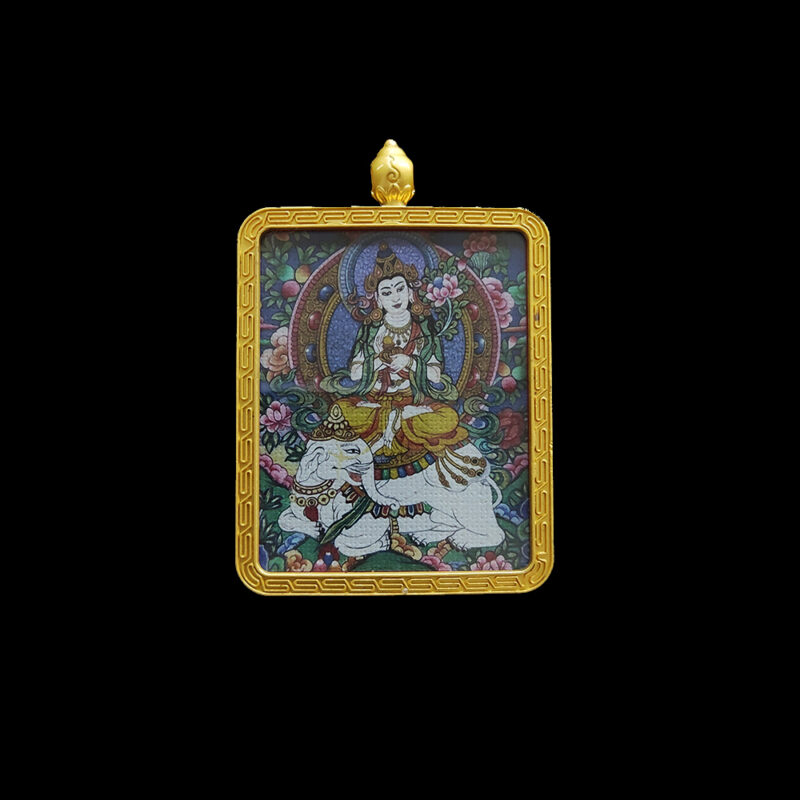 Front-facing spiritual amulet of Samantabhadra Bodhisattva, showcasing detailed micro-spray art of the protector of Dragon and Snake signs, held in a durable golden metal casing.