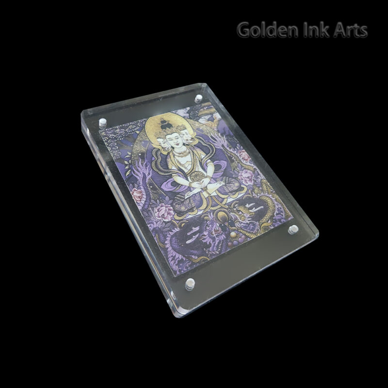 Side angled shot of the Vairocana acrylic frame, highlighting the organic texture of the natural cotton canvas and the sleek modern archival casing.