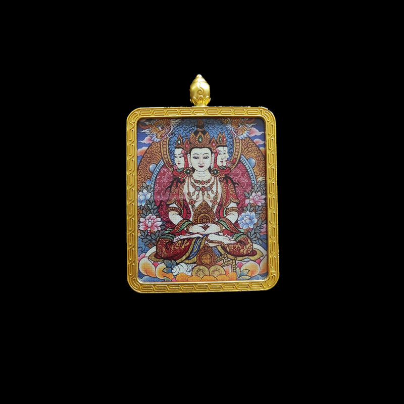 Front-facing spiritual pendant of Vairocana Buddha, featuring detailed micro-spray art within a durable gold-tone casing, designed for personal protection and mental focus.