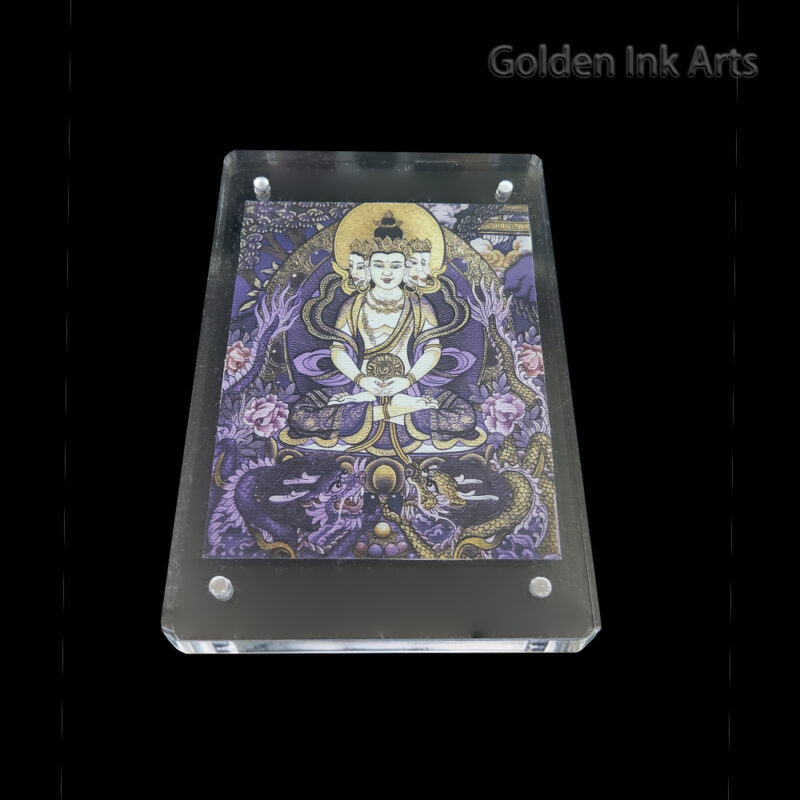 Frontal view of Vairocana Buddha (The Illuminator) printed on natural cotton canvas in an acrylic frame, featuring the regal purple Crown Chakra color palette.
