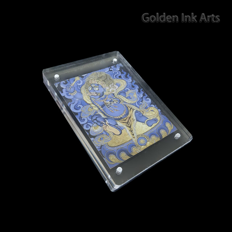 Side view of the Vajrapani acrylic frame, showcasing the texture of the creamy cotton canvas and the sleek, modern protective casing.