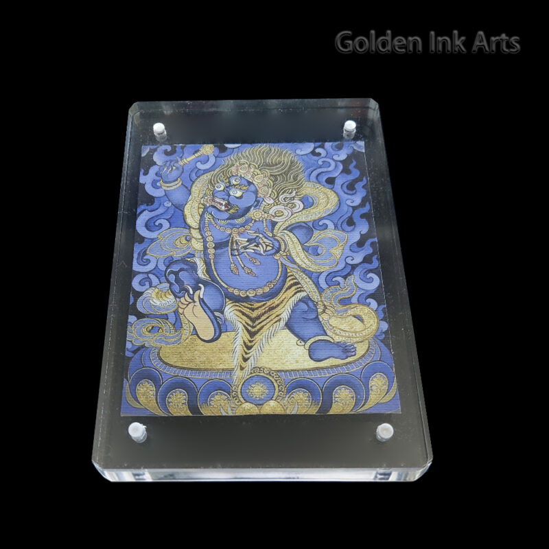 Frontal view of Vajrapani (The Holder of the Thunderbolt) printed on natural cotton canvas in an acrylic frame, featuring a deep blue spiritual color palette.
