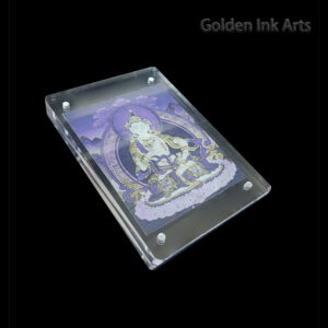 Side angled shot of the Vajrasattva acrylic frame, showing the organic grain of the natural cotton canvas and the high-end transparent casing.