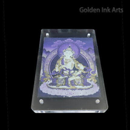 Frontal view of Vajrasattva (The Buddha of Purification) printed on natural cotton canvas in an acrylic frame, featuring a majestic purple spiritual palette.