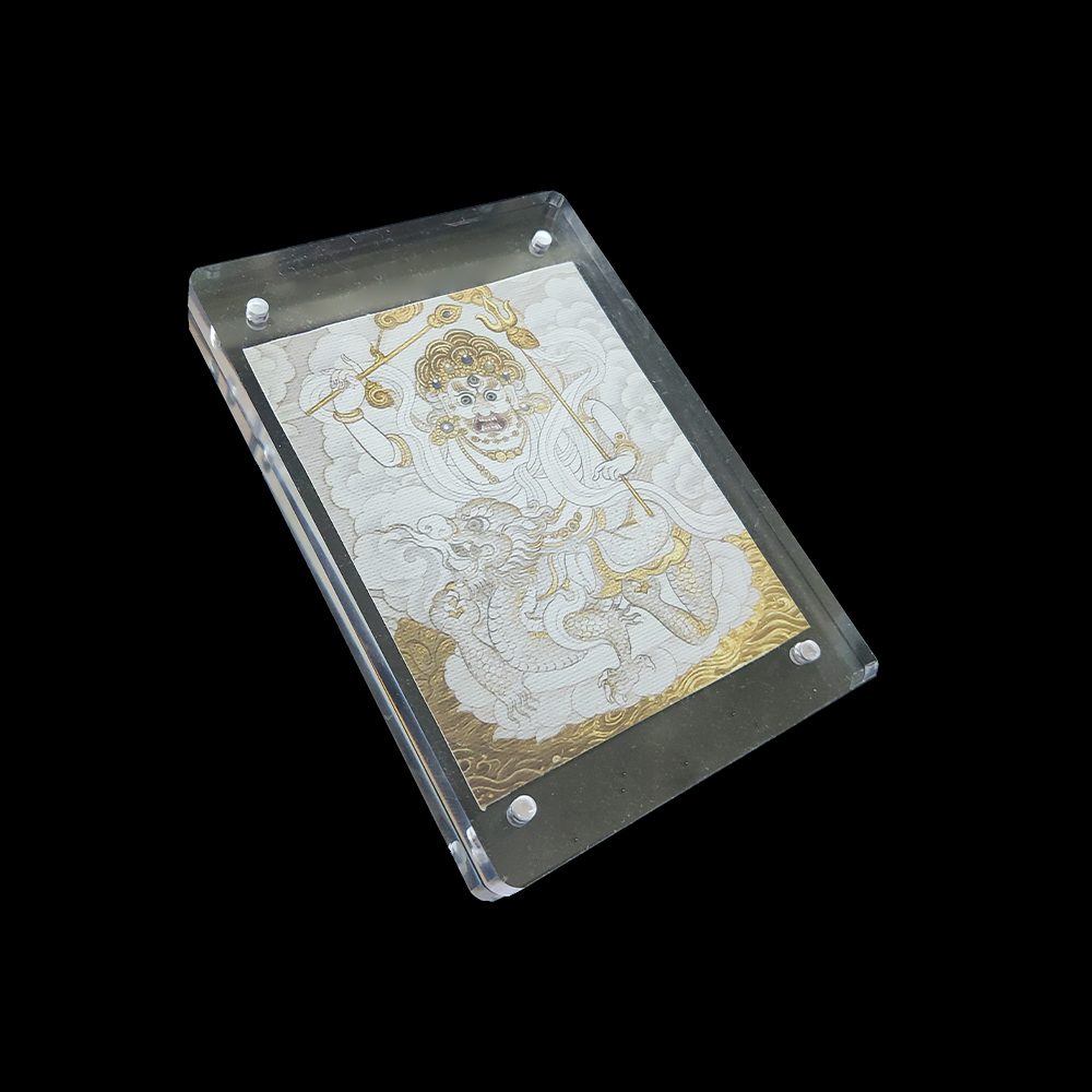 Side view of the acrylic-framed White Dzambhala, highlighting the natural texture of the creamy cotton canvas and the sleek, transparent frame design.