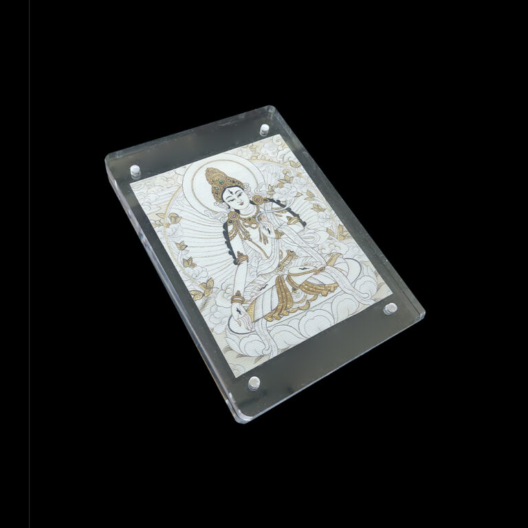 Side angled shot of the White Tara acrylic frame, highlighting the warm creamy texture of the natural canvas and the minimalist transparent frame design.