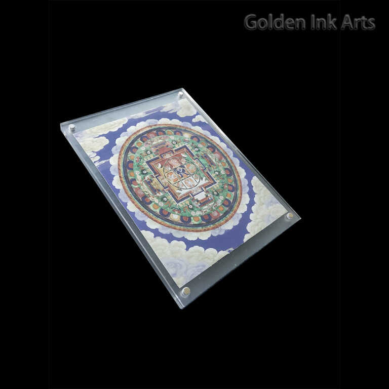 Side angled shot of the 10x13 inch Yamantaka Mandala frame, showing the rich detail of the ancient-style painting and the premium depth of the acrylic case