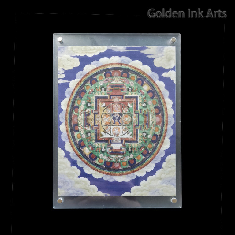 Frontal view of a highly detailed Yamantaka Mandala Buddhist art on cotton canvas, encased in a 10x13 inch acrylic frame, representing the triumph of wisdom over death.