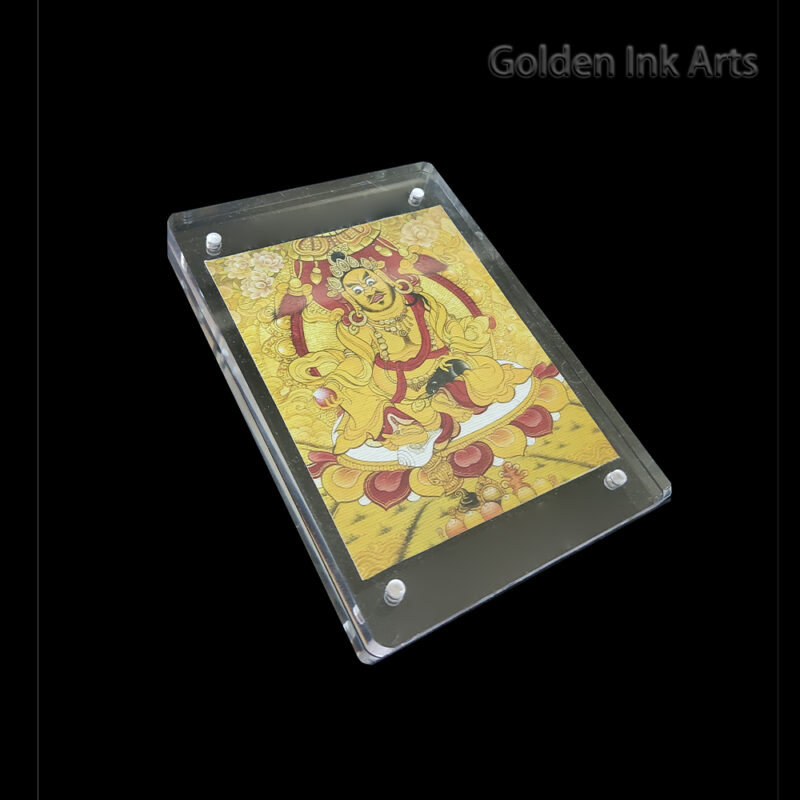 Side angled shot of the Yellow Dzambhala acrylic frame, highlighting the creamy texture of the natural cotton canvas and the high-end transparent casing.