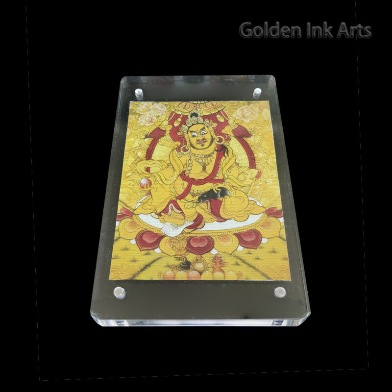 Frontal view of Yellow Dzambhala (Kubera) printed on natural cotton canvas in an acrylic frame, representing the Earth element and the power of financial stability.