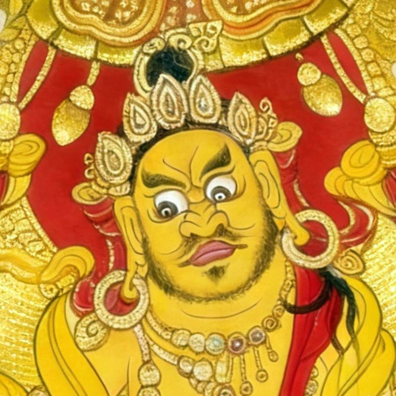 Hand-painted golden Yellow Jambhala Thangka, the Buddhist god of wealth and prosperity.